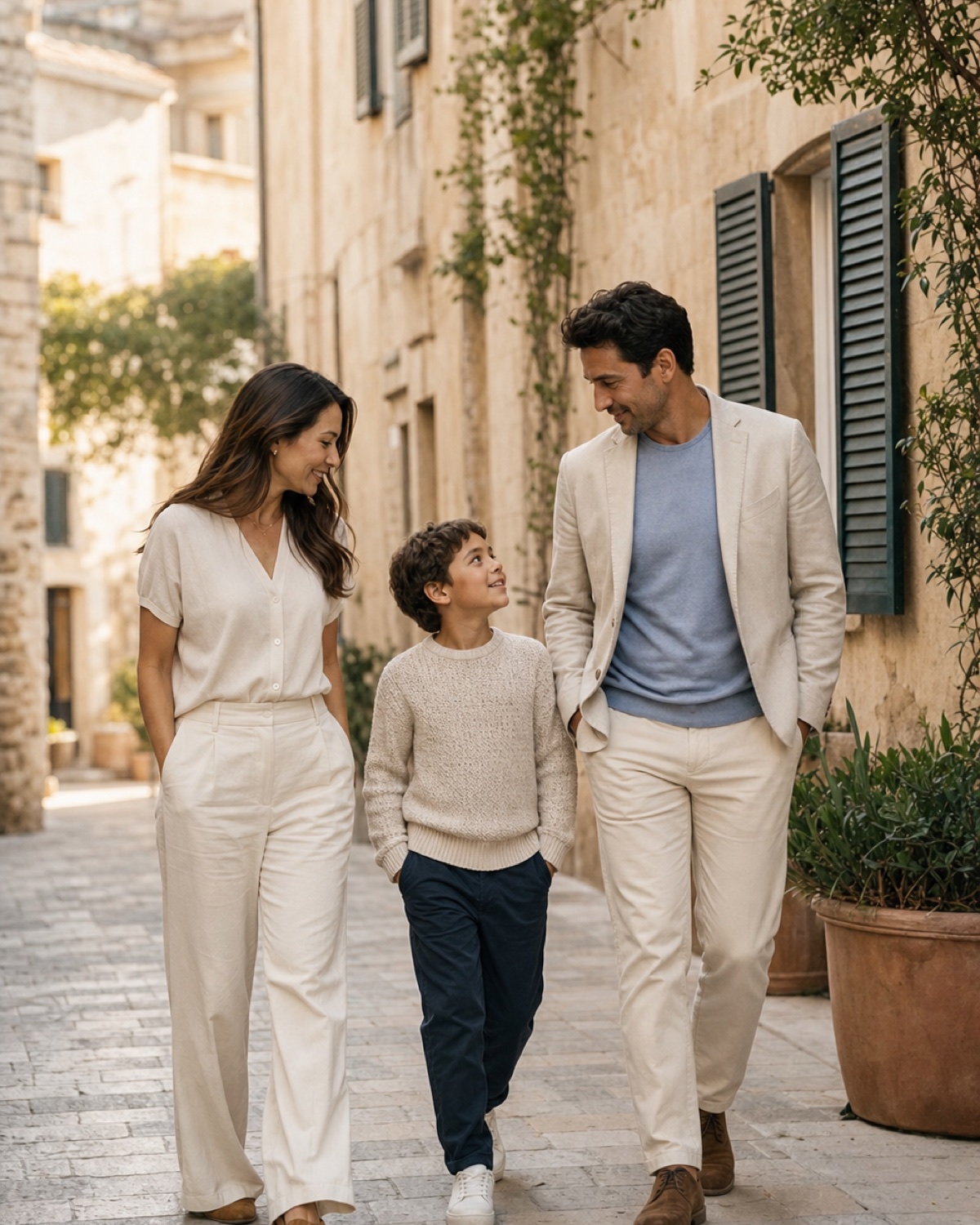 International family walking together on a residential street
