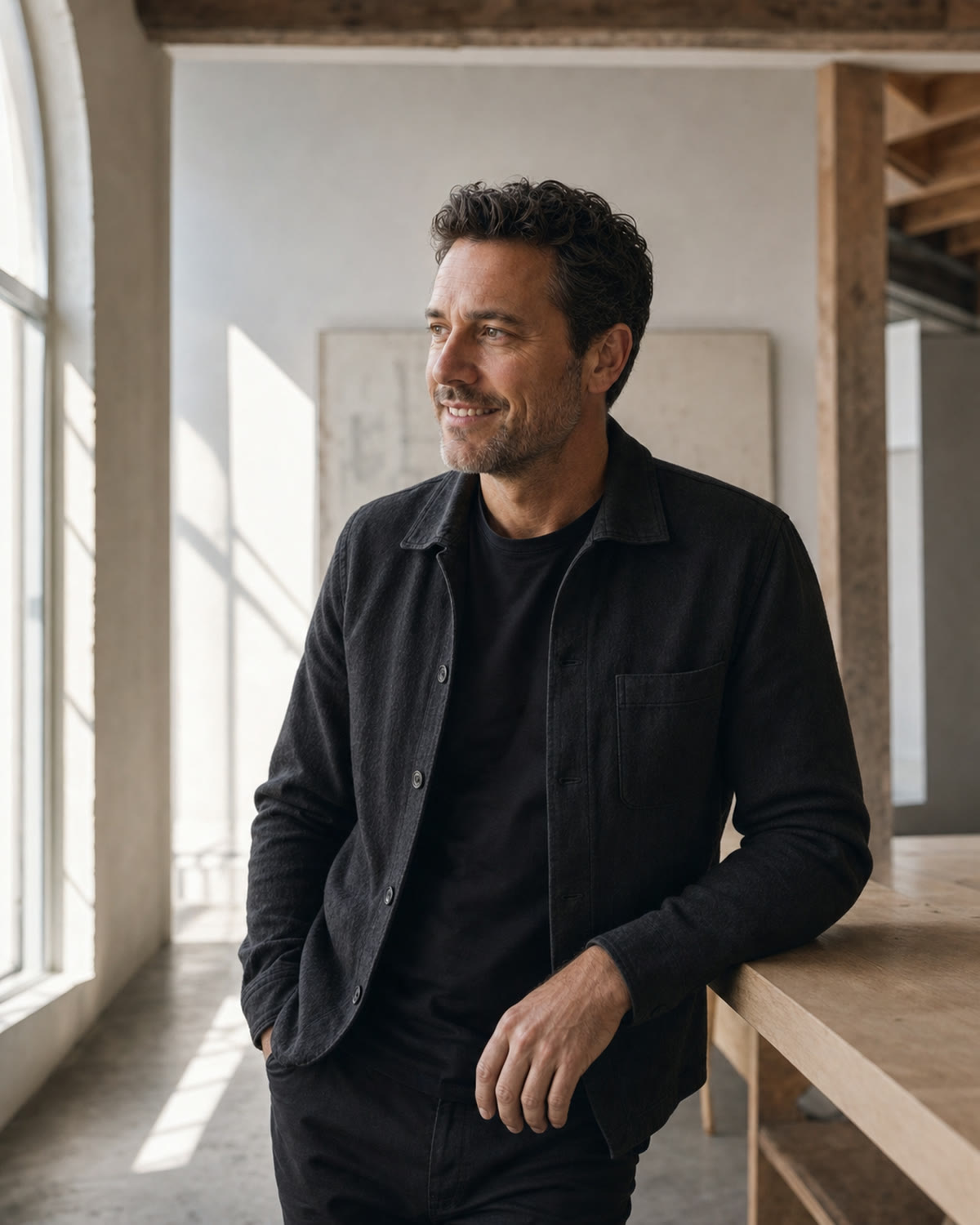 Smiling founder standing in a bright contemporary studio