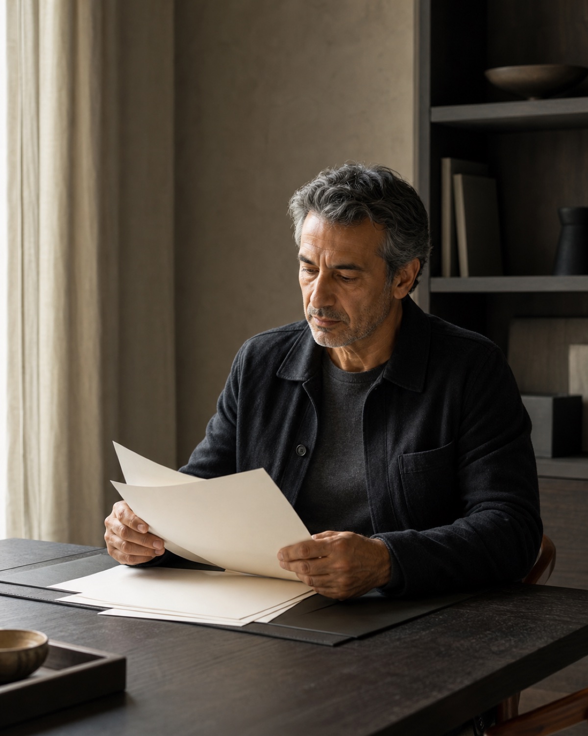 Investor reviewing documents at a table