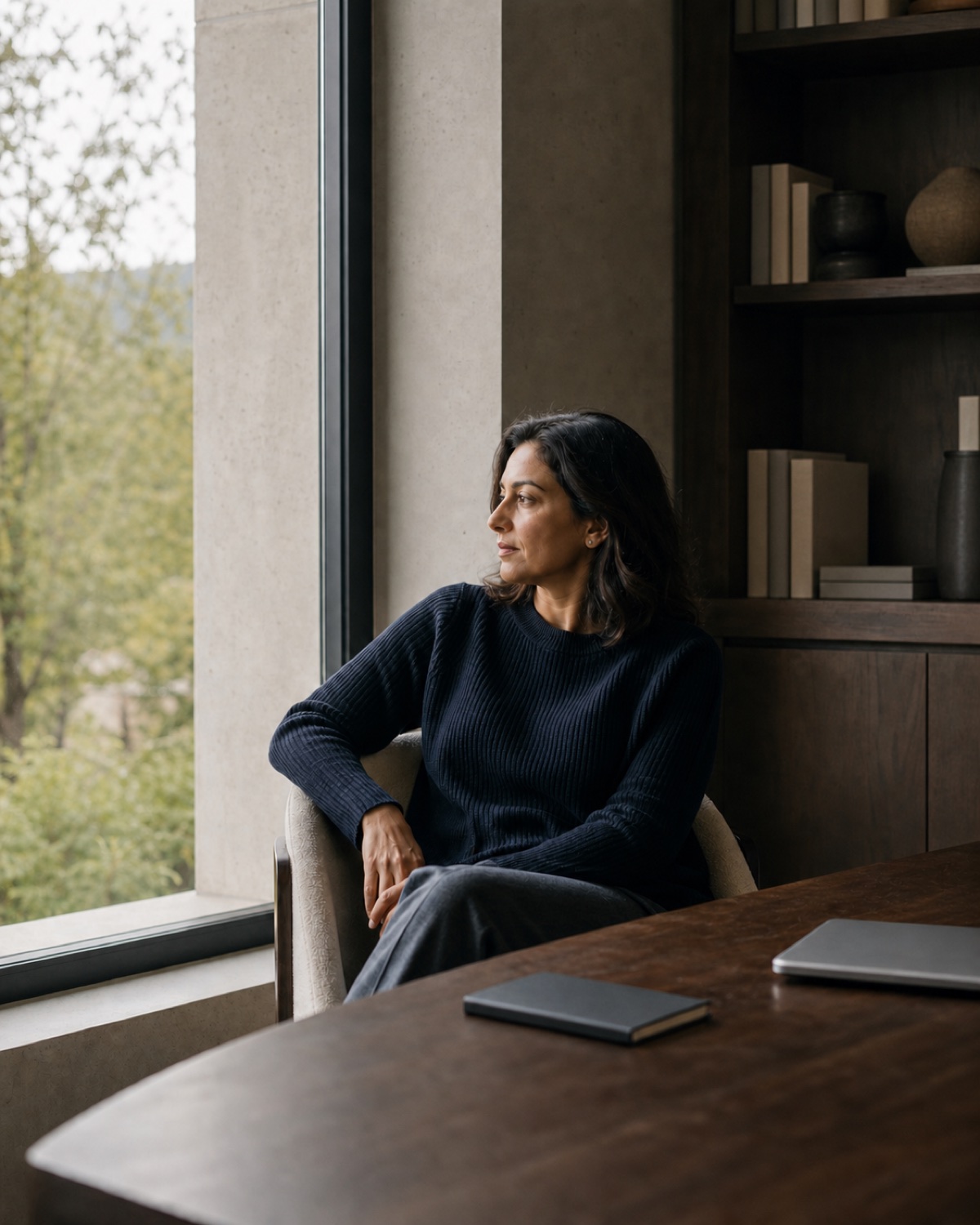 Modern asset holder seated beside a window