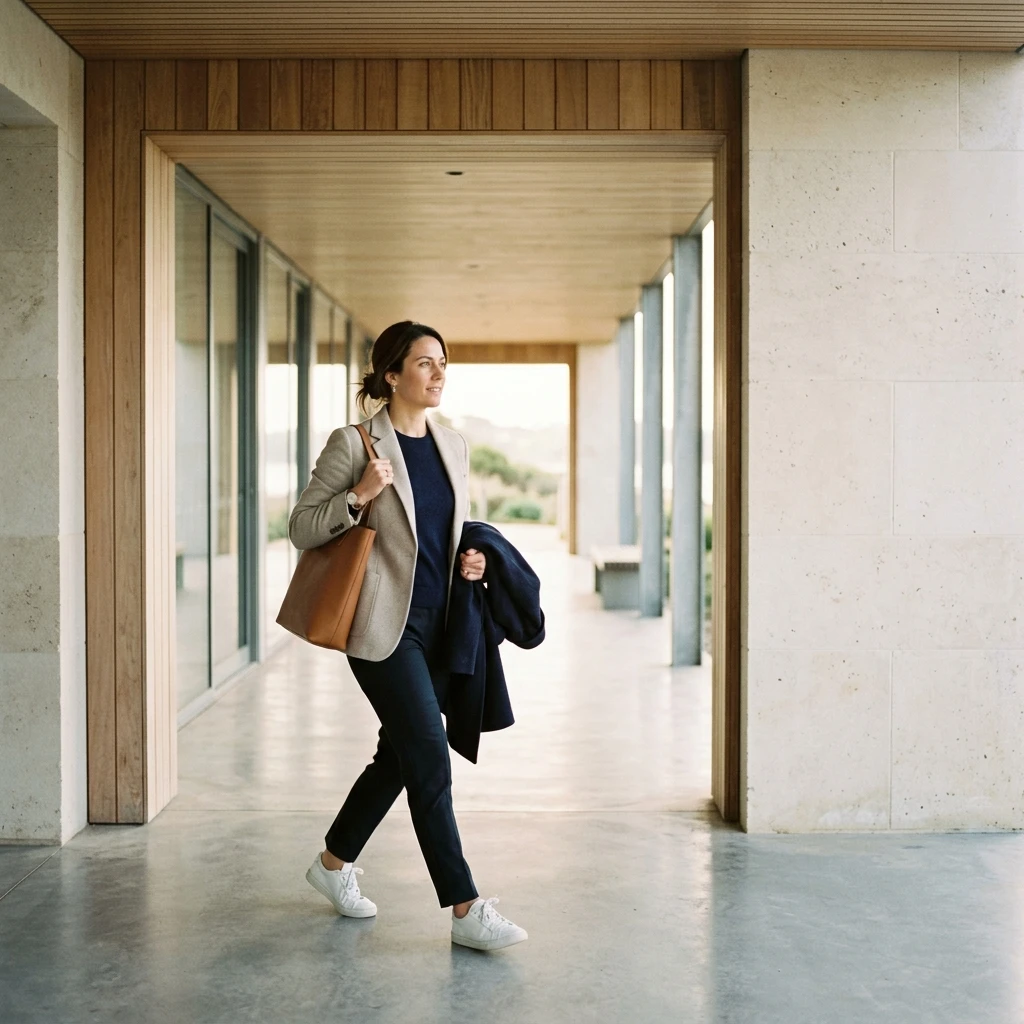 Professional walking through a minimal architectural doorway, suggesting movement between places