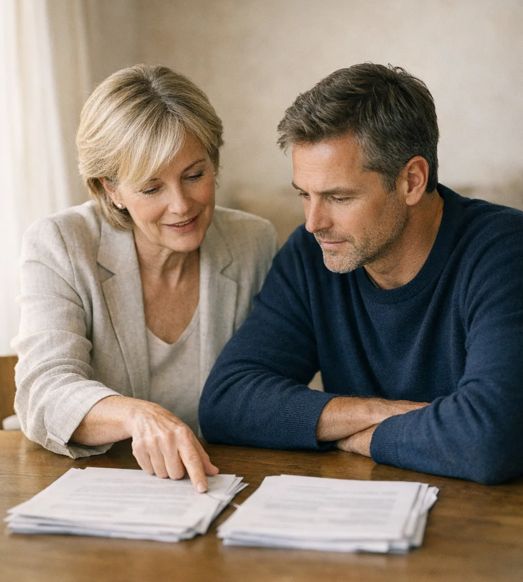 An adviser and a client at a table with two separate document stacks laid side by side, at the moment of seeing the full picture together
