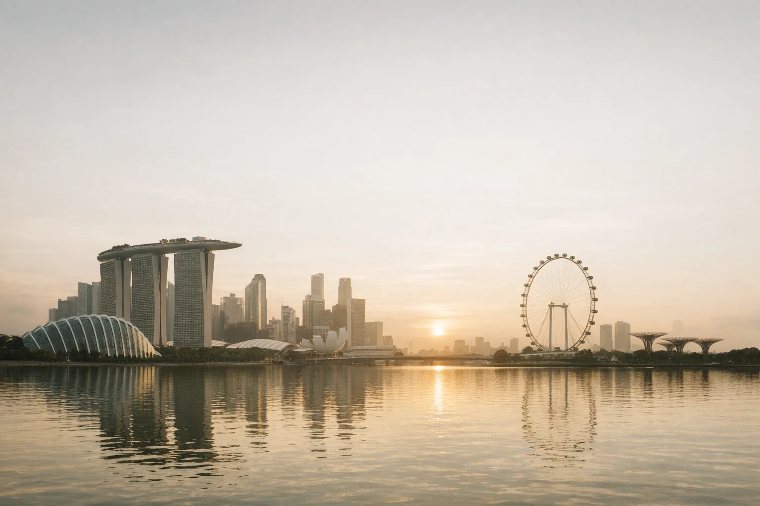 Photorealistic golden-hour view of Singapore's Marina Bay skyline.