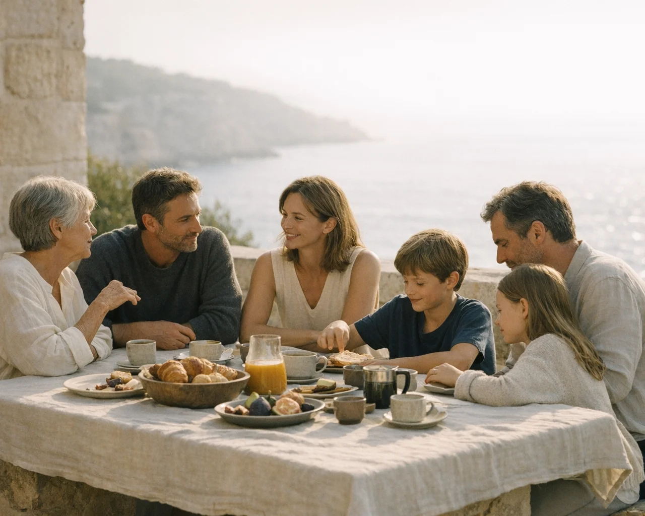 Three generations of a family sharing a relaxed morning around a table on a sunlit terrace over the sea, representing the life a wealth plan is built to fund.