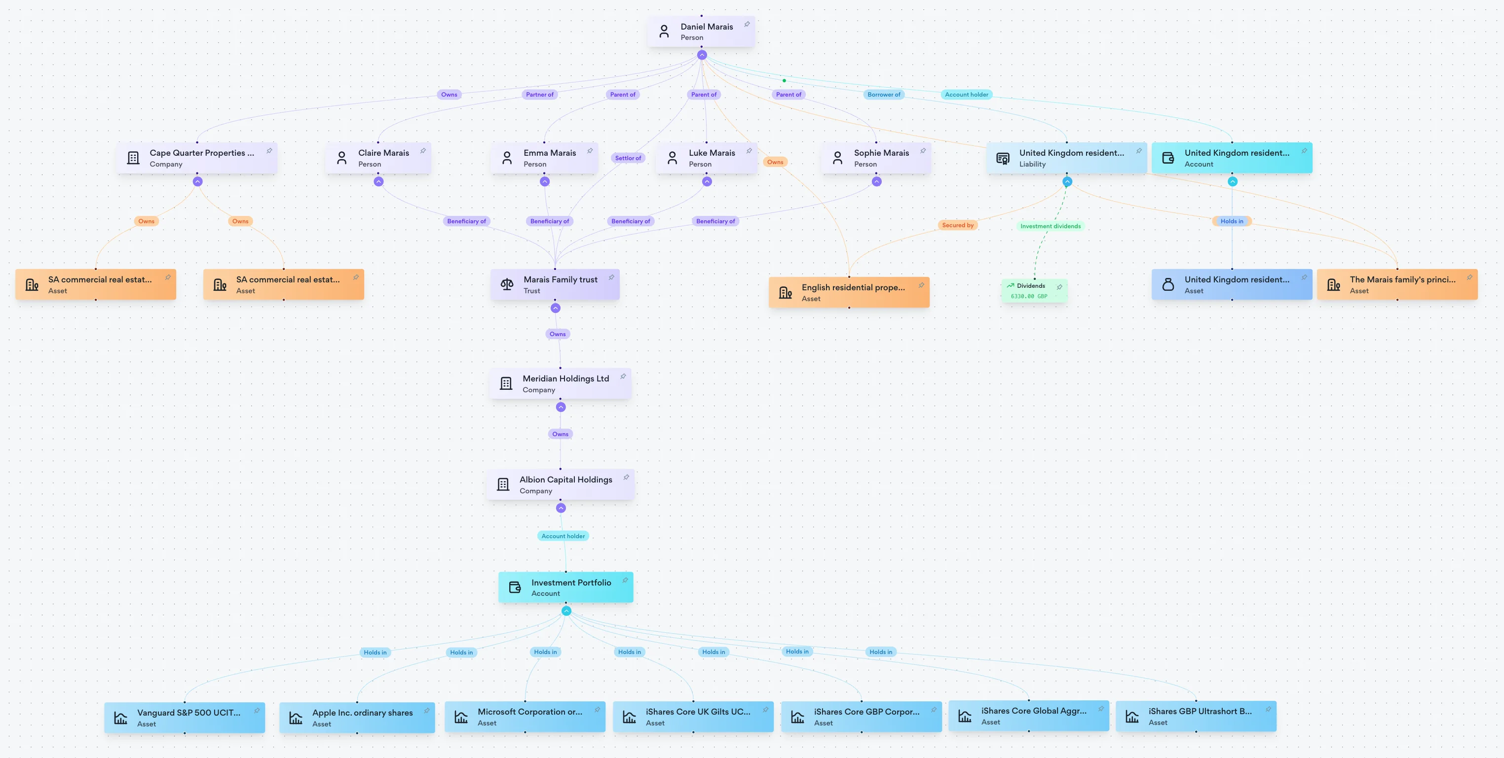 Centry wealth map showing entities, accounts and ownership links.