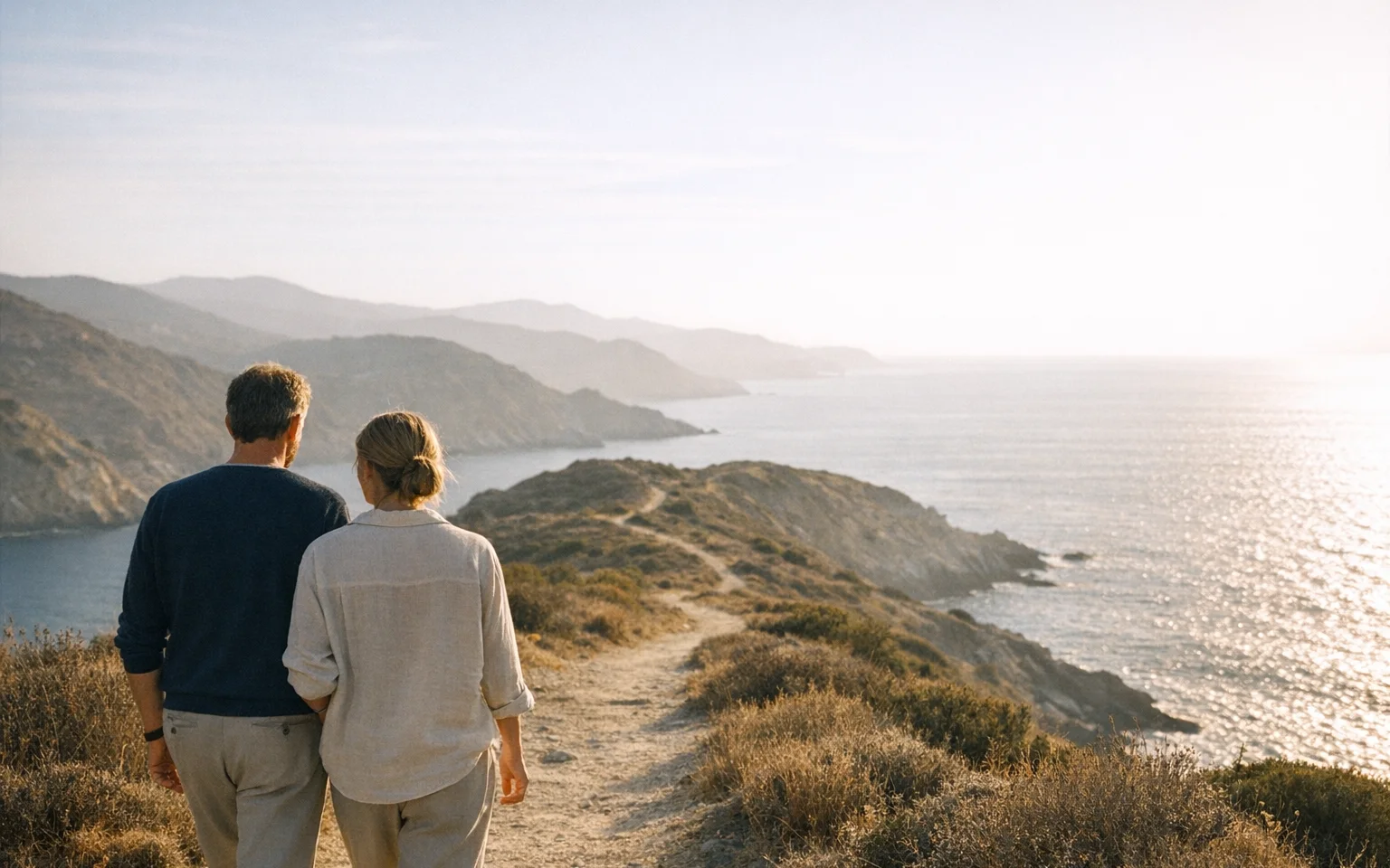 A couple walking a single coastal path that winds across several successive headlands toward the sea, representing one tax plan spanning many jurisdictions.